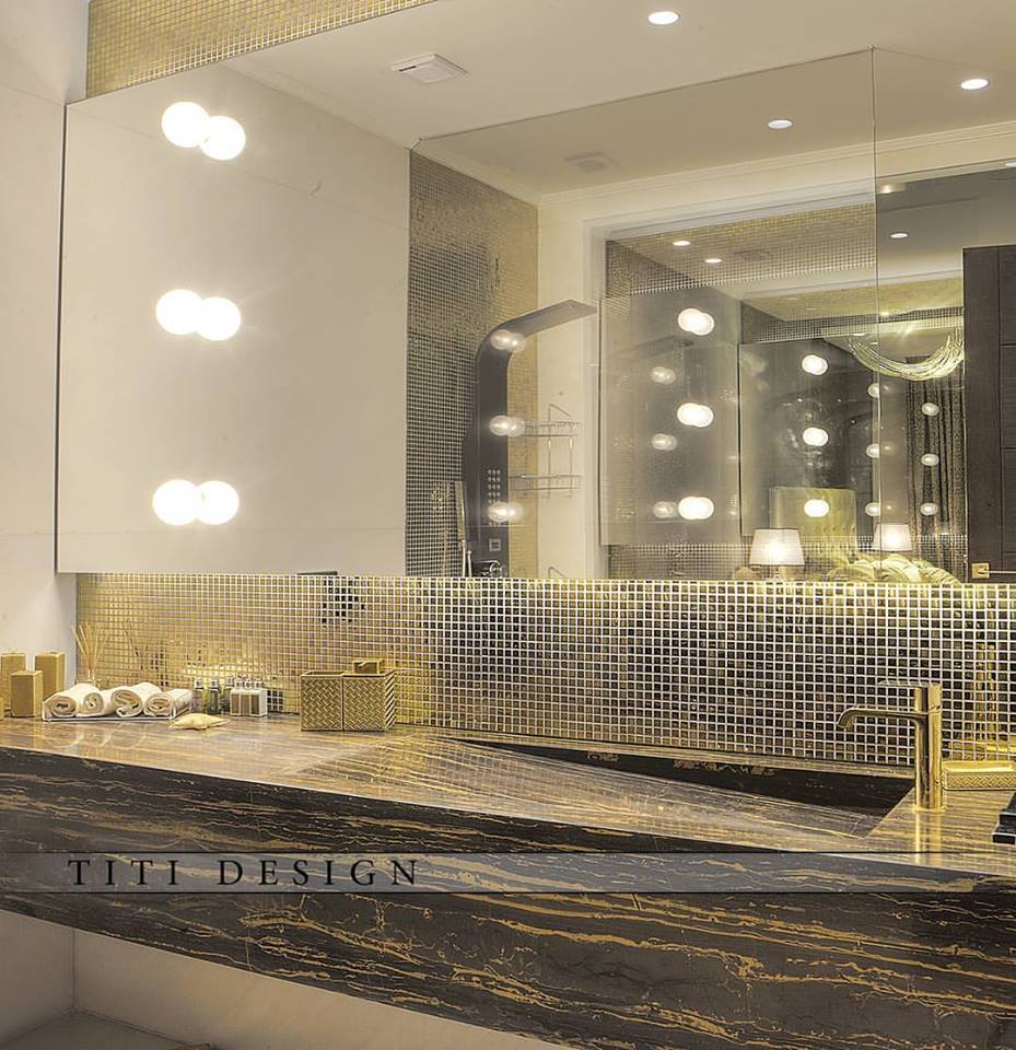 Stylish Dreamy Contemporary Bathroom With Big Mirror, Marble Counter Top And Golden Marble Black Backsplash