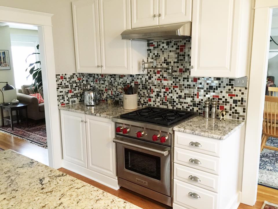 Stylish Red, Black & White Tiles In Art Deco Style Small Kitchen
