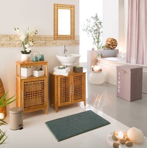 Swanky Contemporary Bathroom With Wooden Framed Mirror, Cup Boards, Candles Decor And Indoor Plant