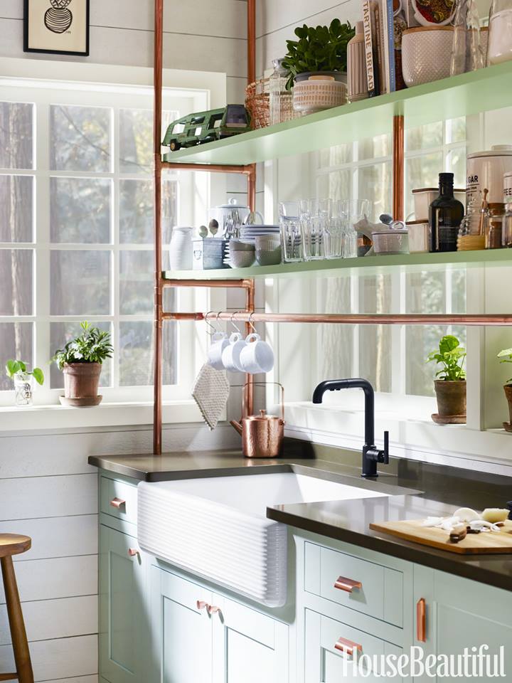 Vintage Kitchen With Copper Pipe Shelving Hooks For Coffee Mug and Cookware