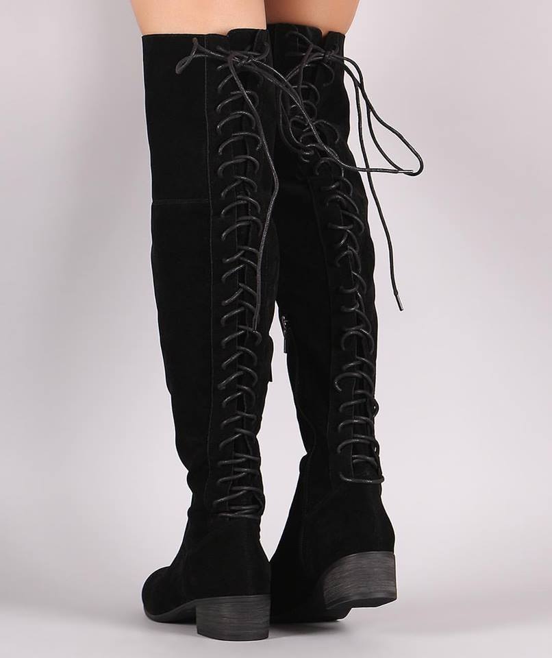 Adorable Black Knee Boots With Back Lace-up