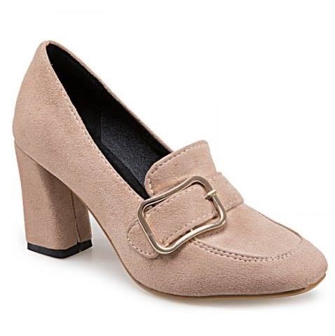 Alluring Beige Closed Square Toe Pumps With Buckle
