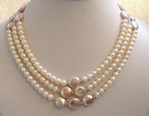 Alluring Three Strand Freshwater & Coin Pearl Necklace