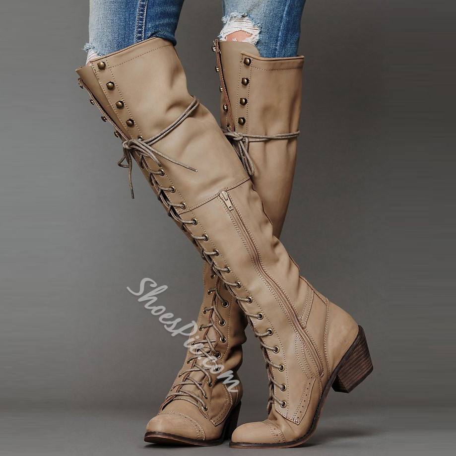 Amazing Lace-up Rivets Knee High Boots