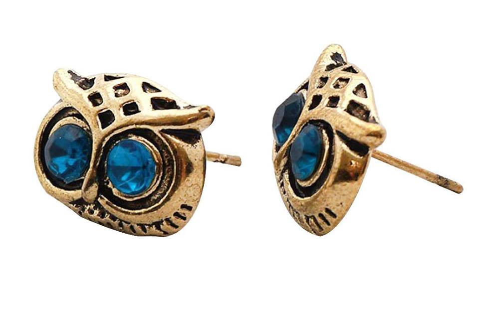 Art Deco Style Owl Head Charm Stud Earrings