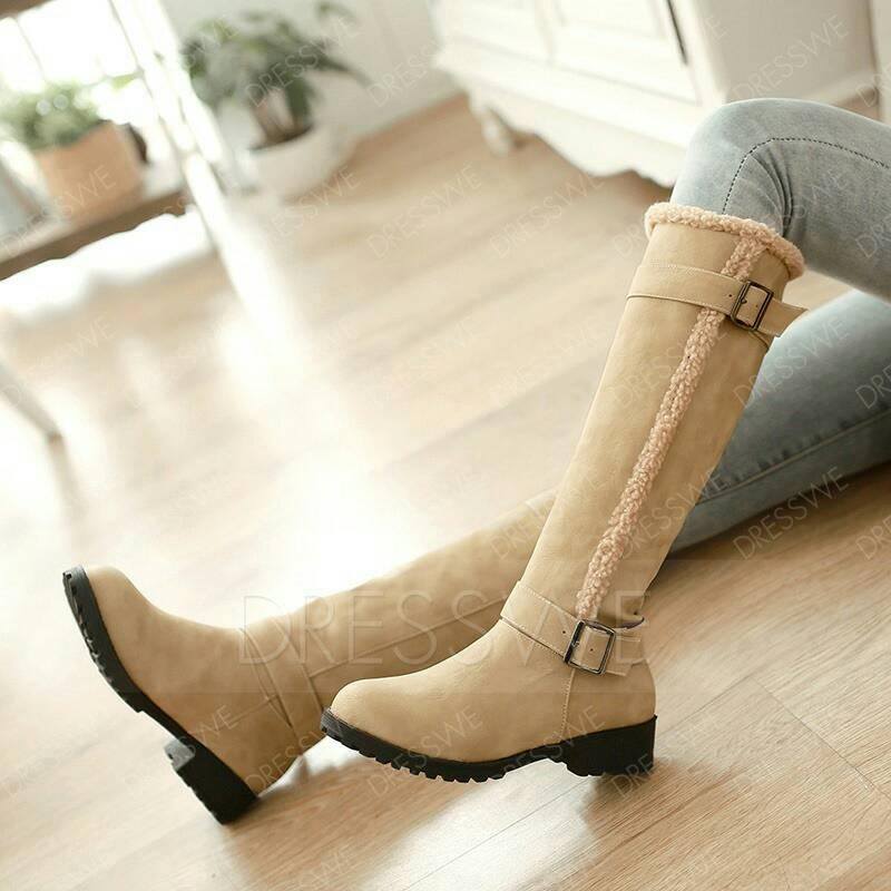 Attractive Nude Buckle Knee High Boots