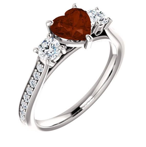 Attractive Three Stone Garnet, Heart And Diamond Engagement Ring