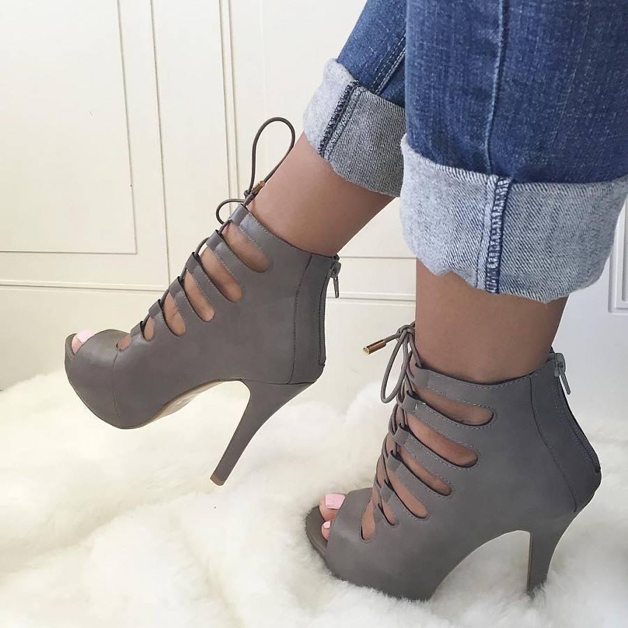 Awesome Grey Faux Leather Open Toe Lace Up Heels
