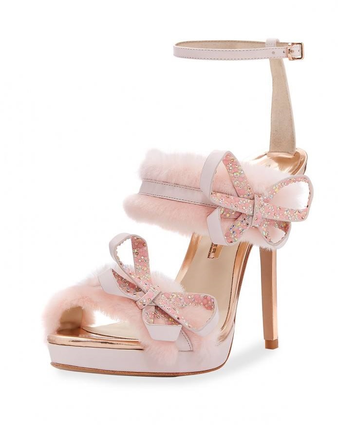 Baby Pink Faux Fur Ankle Wrap Sandals