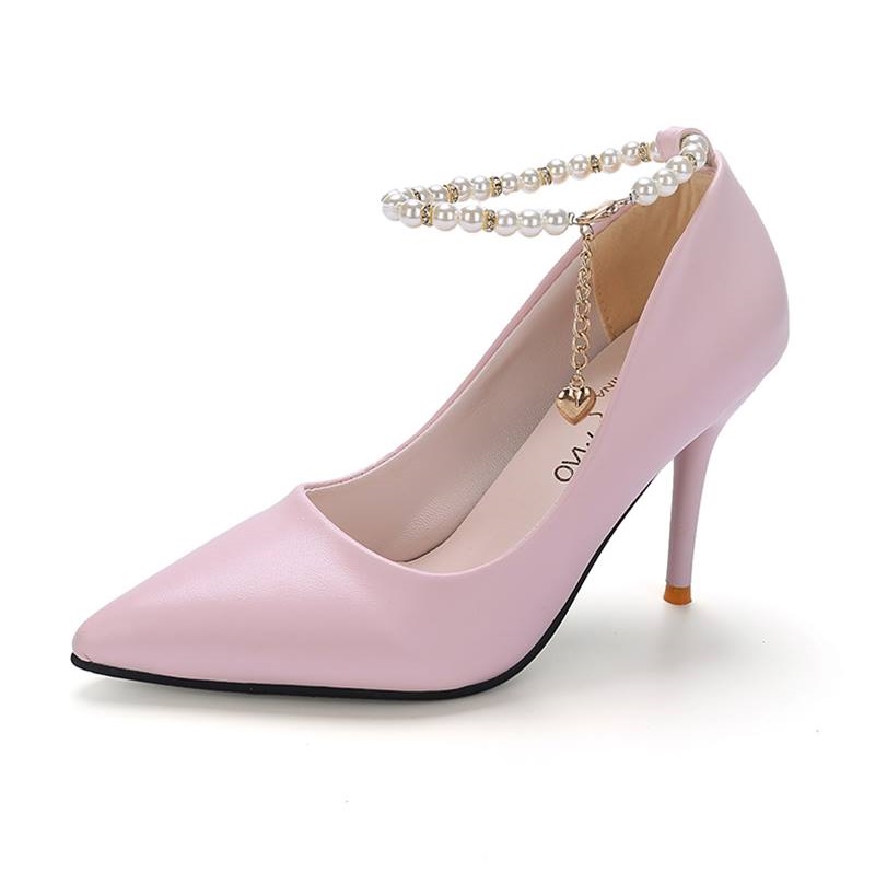 Beautiful Pink Leather Pearl Ankle Strap Pointed Toe High Heels