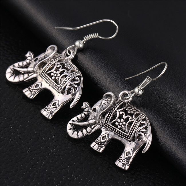 Beautiful Tibetan Silver Plated Hollow Carved Elephant Drop Earrings