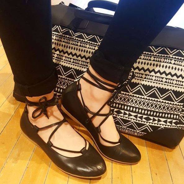 Black Leather Ballet Flats With Stripes