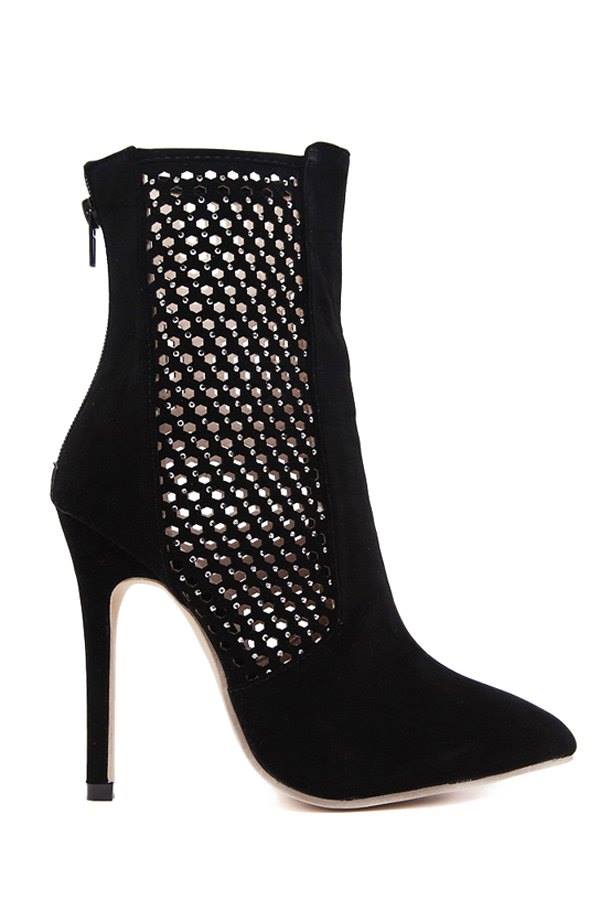 Black Suede Pointed Toe Open Work Stiletto Heel Ankle Boots