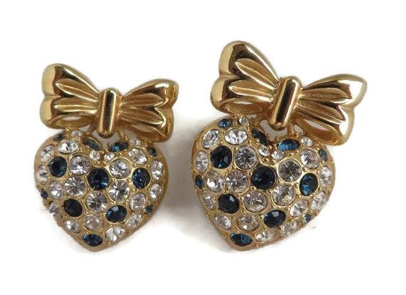 Blue and White Rhinestone Heart Pierced Studs With Golden Bow