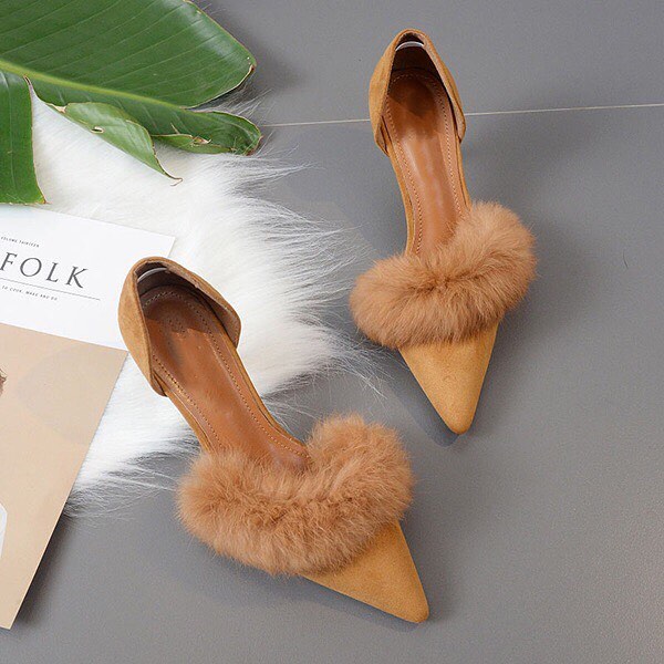 Brown Fluffy Pointed Toe Heels