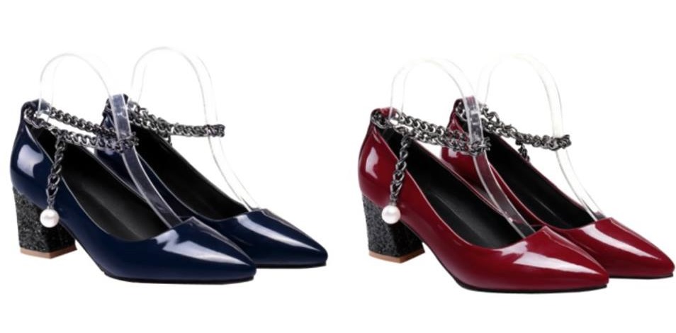Chain Block Heel Pumps With Pointed Toe