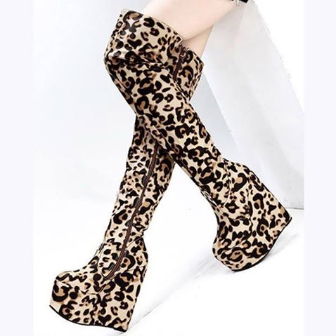 Charming Leopard Wedge Heels Knee High Boots
