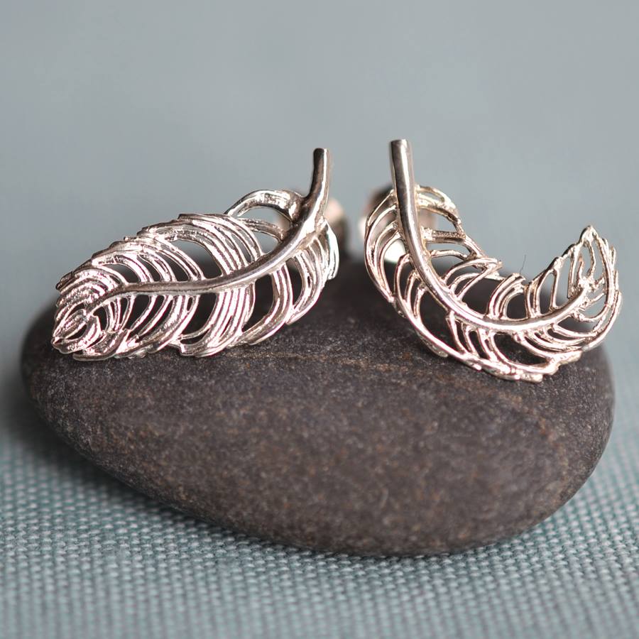 Charming Silver Feather Stud Earrings