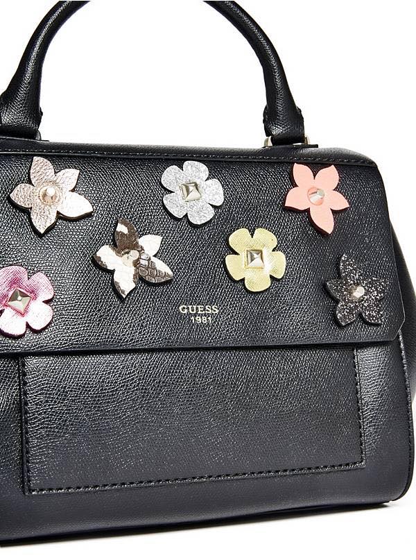 Classic Black With Flowers Top Handle Satchel Bag