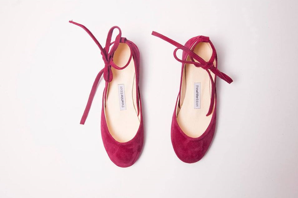 Dark Pink Leather Ballet Flats With Ankle Ribbon