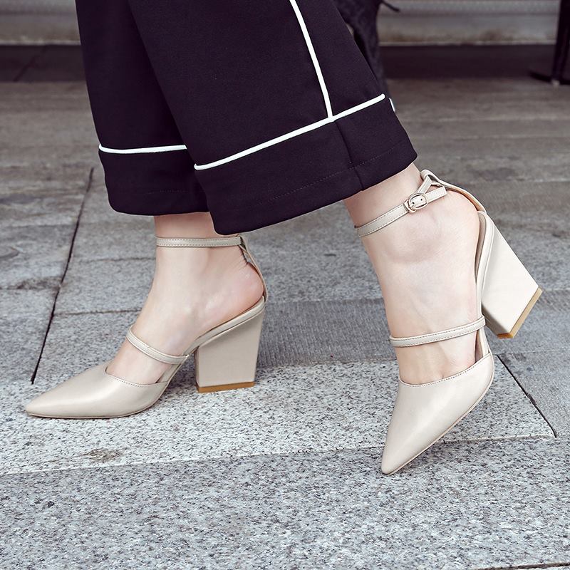 Dashing Beige Pointed Toe Block Heel Pumps With Ankle Strap