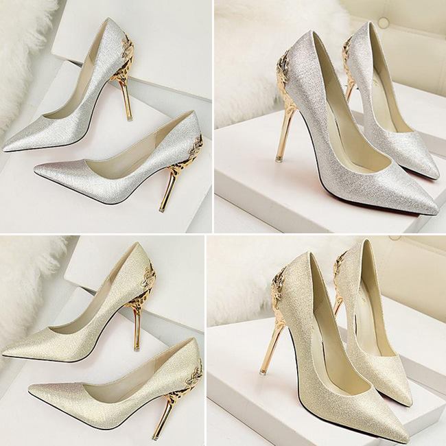 Dashing Gloden & Silver Pointed Toe Stiletto High Heels For Bride