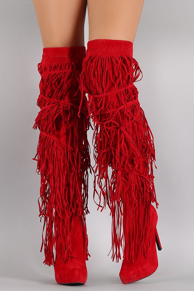 Dashing Red Layered Fringes Design Knee High Boots