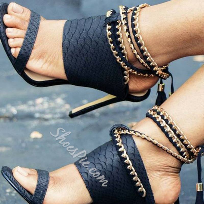 Embossed Black Ankle Wrap Sandals With Chain