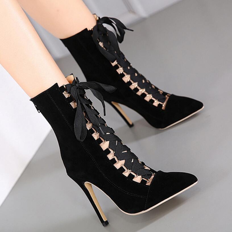 Eye Catching Black Lace Up Pointed Toe High Heel Boots
