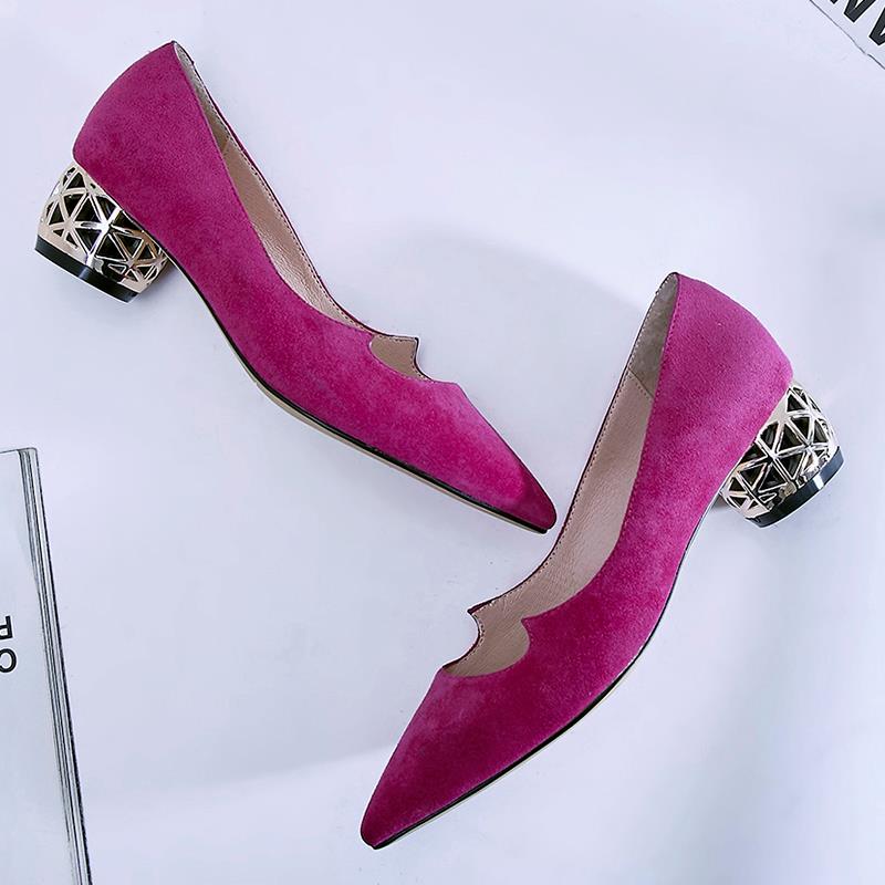 Eye Catching Suede Pink Pointed Toe Metallic Textured Block Heel Pumps ...