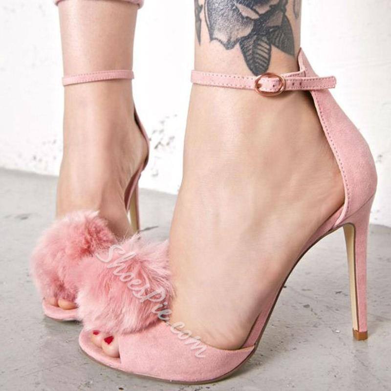 Fabulous Pink Pompom Accented Ankle Wrap Stiletto Heel Shoes