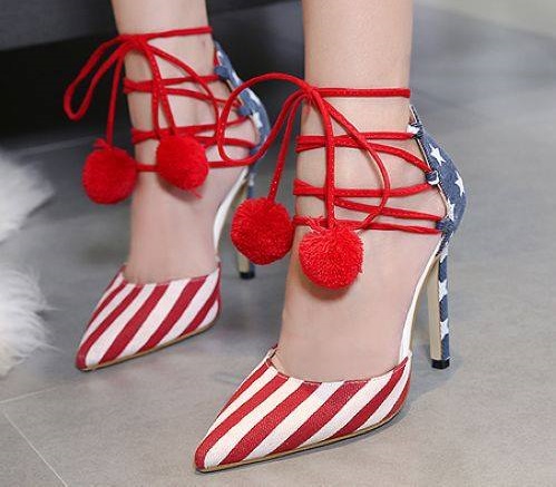 Fashionable Red & White Stripes Pointed Toe Pumps With Stars On Back And Lace With Pompoms