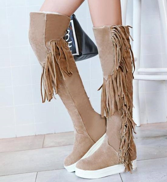 Fringe Over The Knee Flat Boots In Nude