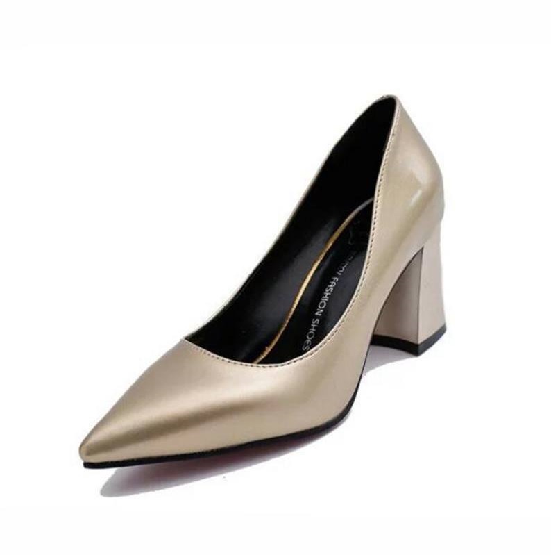 Glamorous Gold Leather Pointed Toe Chunky Heels