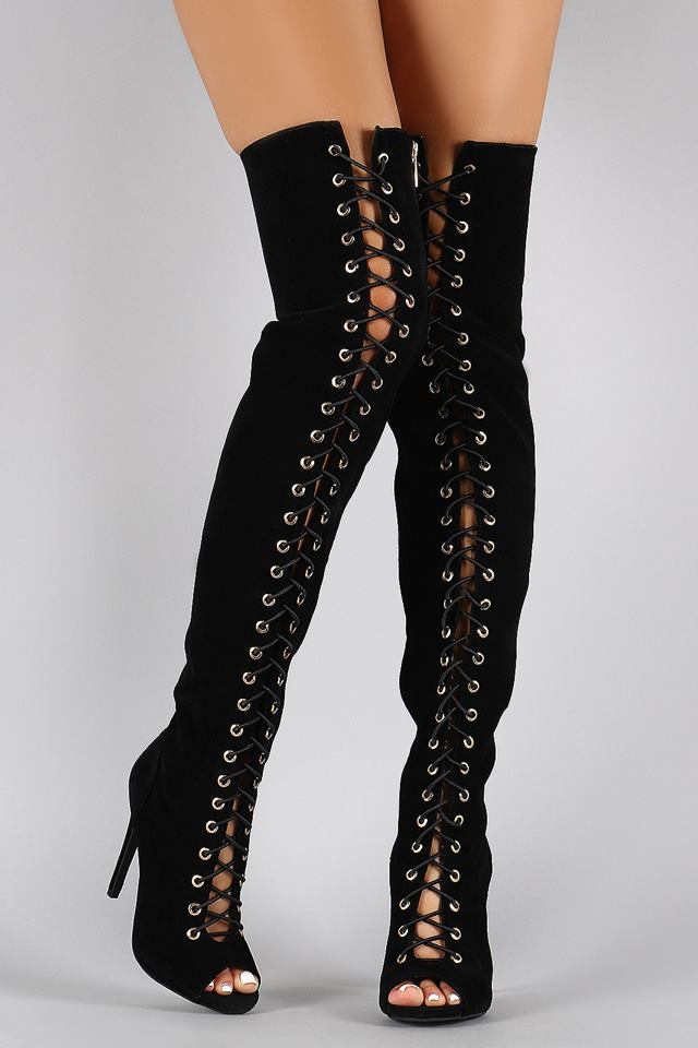 Gorgeous Black High Knee Boots With Front Lace Up