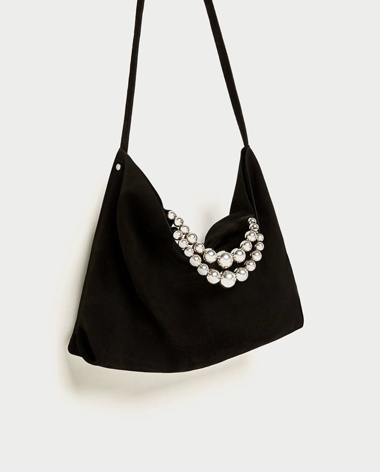 Gorgeous Black Suede Tote Bag Decorated With Silver Pearls