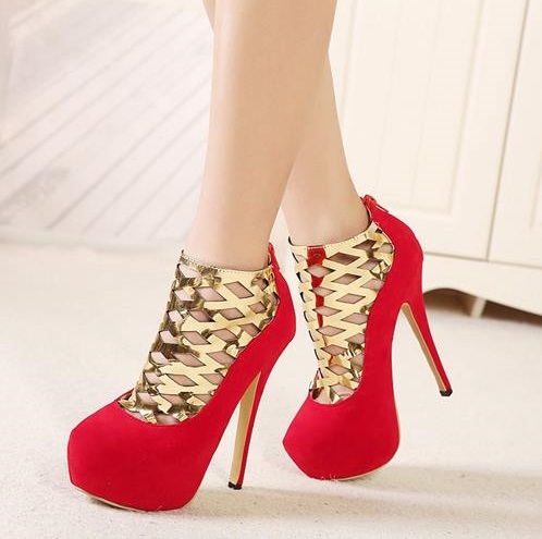Hollow Out Patchwork Stiletto Red Suede Pumps
