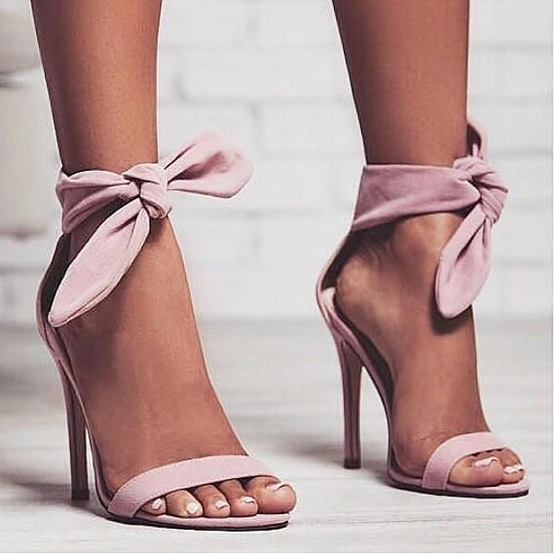 Lovely Pink Open Toe Stiletto Heels With Bow At Ankle