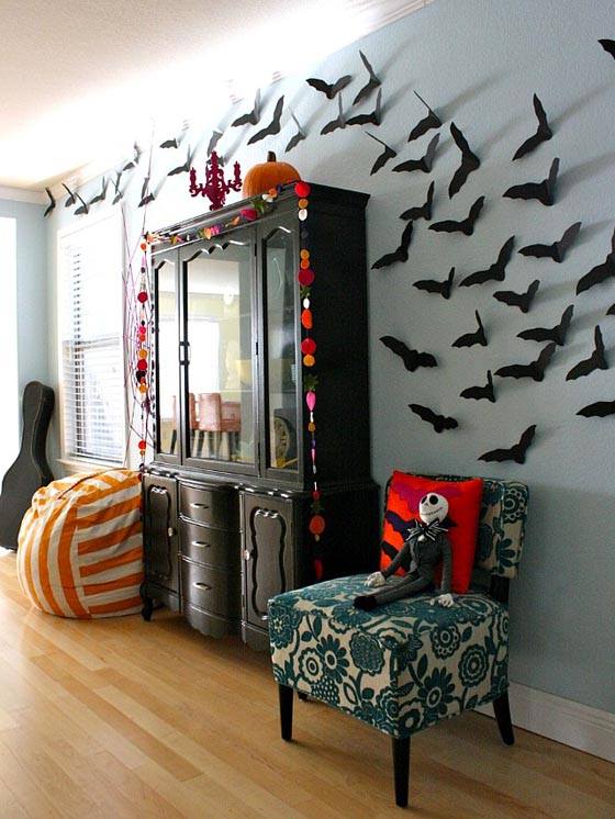 Marvelous Idea To Decor Your Wall By DIY Bat Craft And Skull Is Sitting On Chair