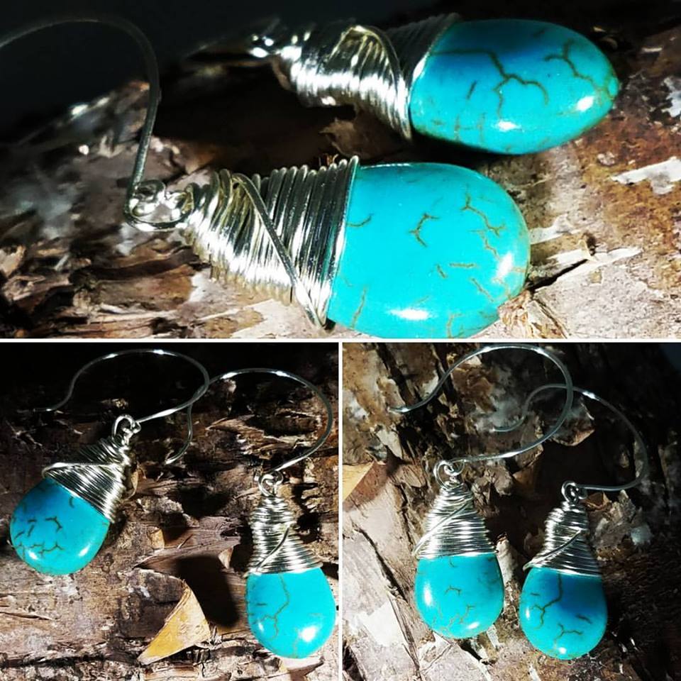 Natural Turquoise Drop Earrings Wrapped With Sterling Silver Filled Wire