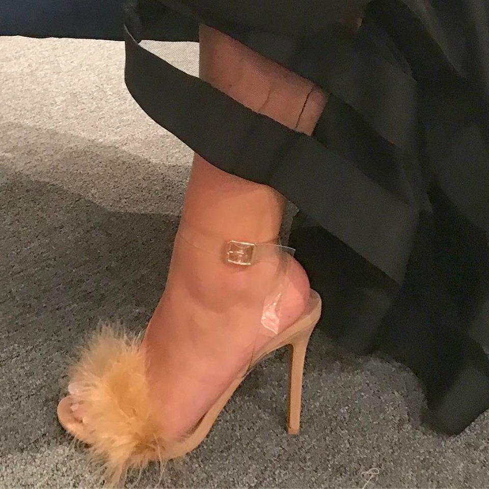Nude Clear Faux Feather Ankle Wrap Heels