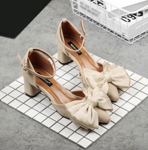 Nude D'Orsay Style Pointed Toe Block Heel Pumps With Big Bowknot
