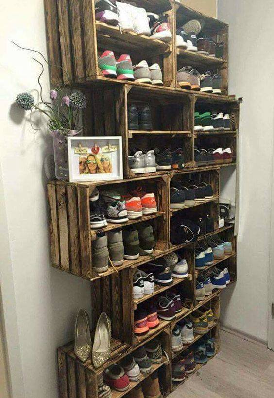 Old Pallet Boxes Used As Shoe Storage