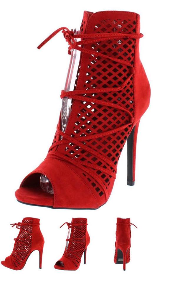 Peep Toe Red Diamond Laser Cut Ankle Wrap High Heel Boots