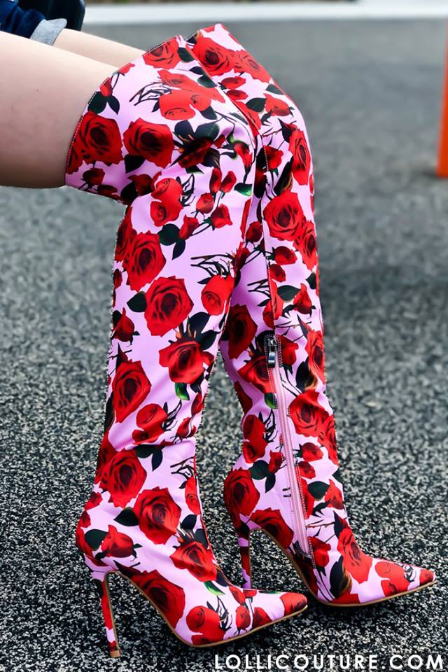 Pink With Red Flowers Knee high Boots
