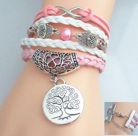 Pretty Pink With Owl Beads And Tree Pendant Charm Layered Bracelet
