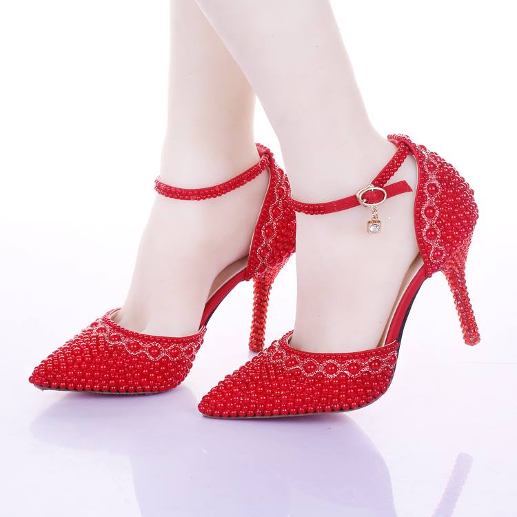 Red Ankle Strap With Pearl Rhinestone Pointed Toe Wedding Shoes