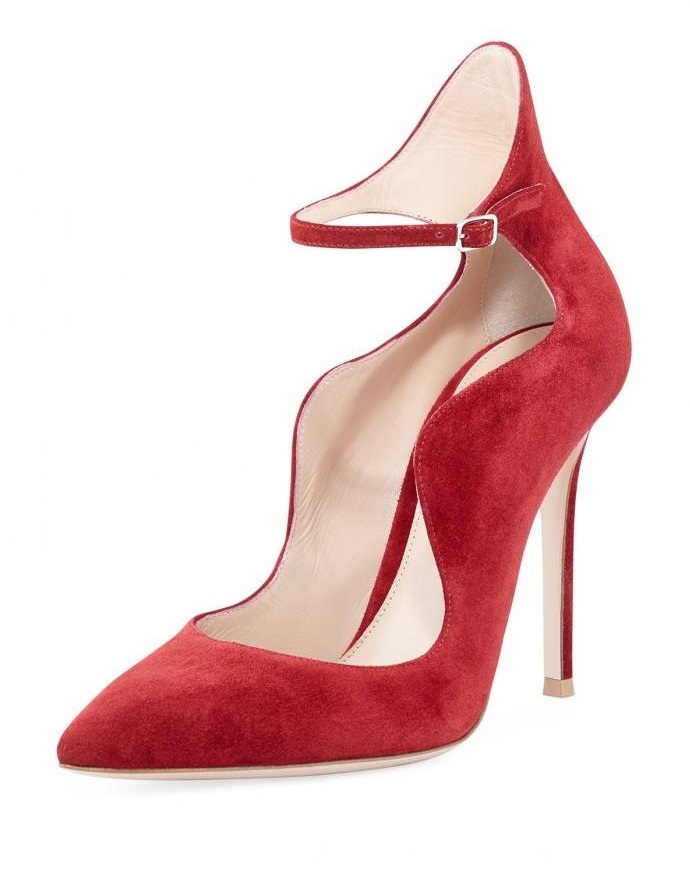 Red Suede Scalloped Ankle Wrap Heels