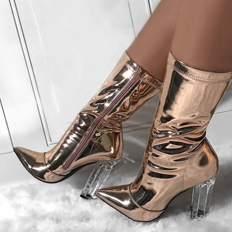 Rocking Golden Pointed Toe Chunky Translucent Heels With Side Zip