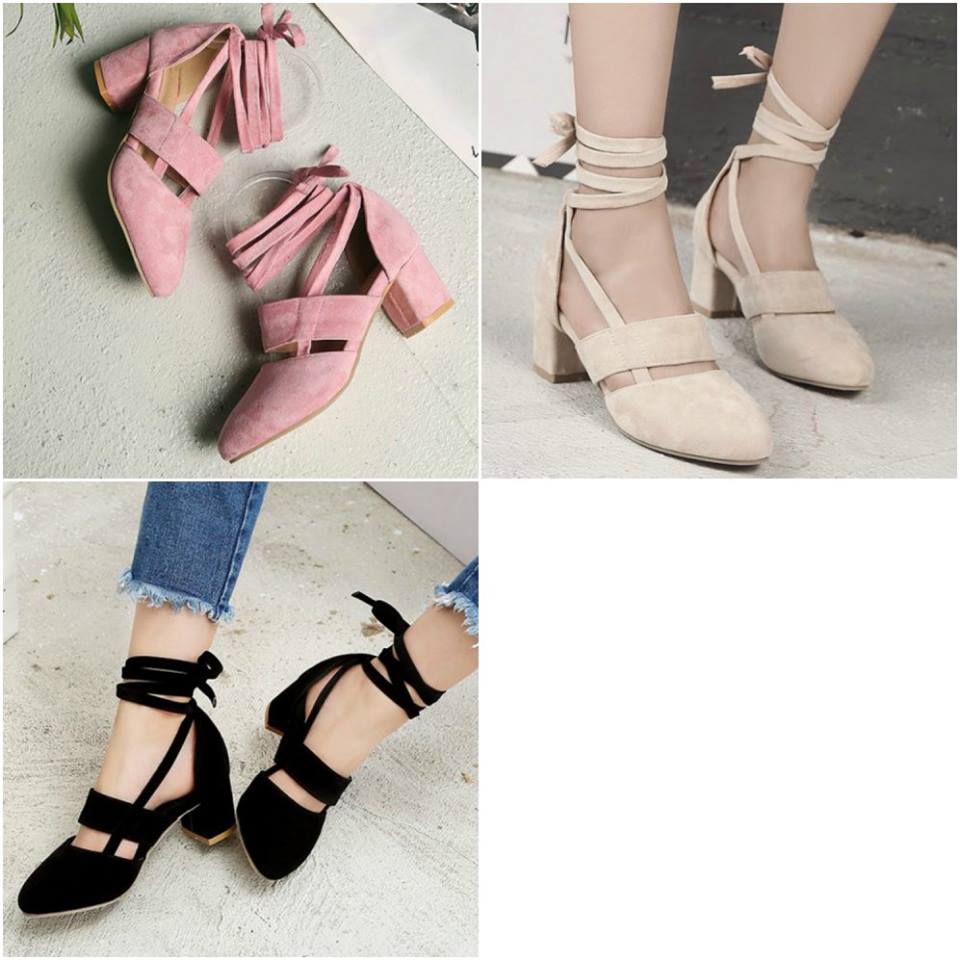Rounded Toe Colorful Suede Tie Up Block Heel Pumps